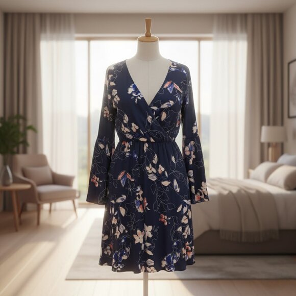 Westport Floral Chiffon Dress Blue Long Sleeve Size 16 - Picture 3 of 8